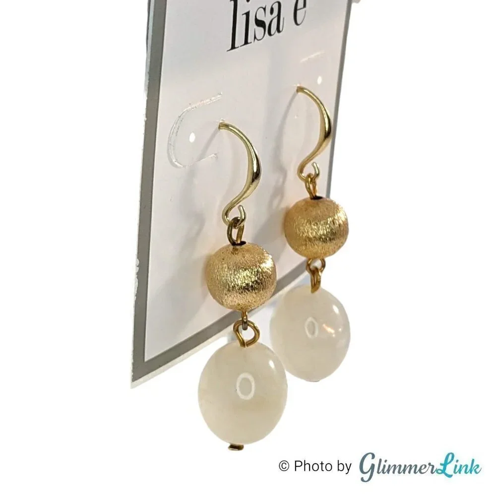 Tiered Off White Marbled & Gold Tone Beaded Dangle Earrings